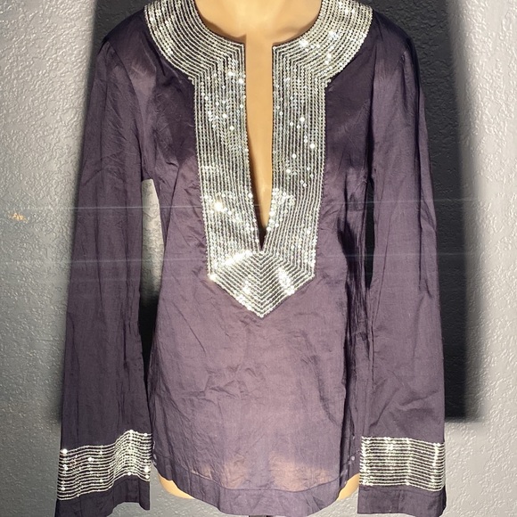 TORY BURCH - l/s dark blue tunic: silver sequins on neck & cuffs, hip slits - 8 - Picture 2 of 16